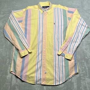 Ralph Lauren Cotton Oxford Shirt Men Large Pastel Striped Color Block Flesh Pony